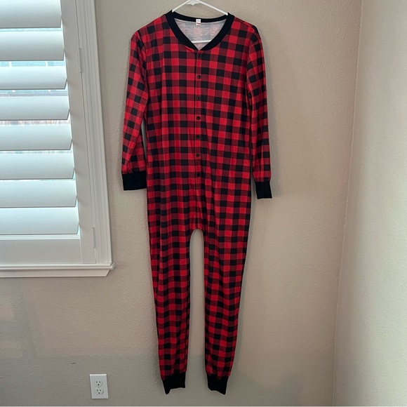Lazy One Bear Cheeks Longjohn Flapjack Red Plaid Pajamas One Piece Women's M - Picture 1 of 7
